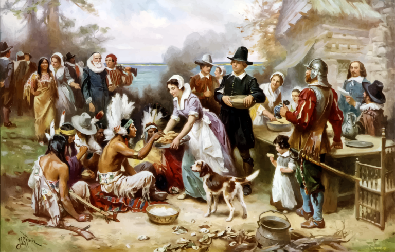 An artist's portrayal of how an early Thanksgiving meal could have looked.